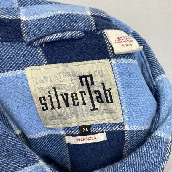 Levi's Silver Tab Oversized Plaid Flannel Metal Button-Up Shirt Men Size XL Blue - Picture 8 of 15